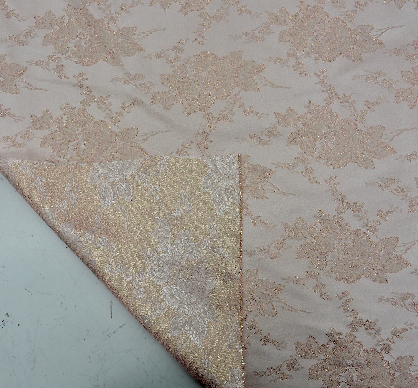 Reversible Pink and White Metallic Floral Brocade Fabric