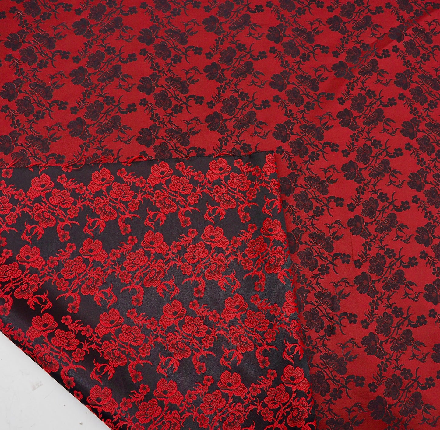 Reversible Red and Black Floral Brocade Fabric