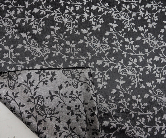 Reversible Black and Silver Butterfly Brocade Fabric